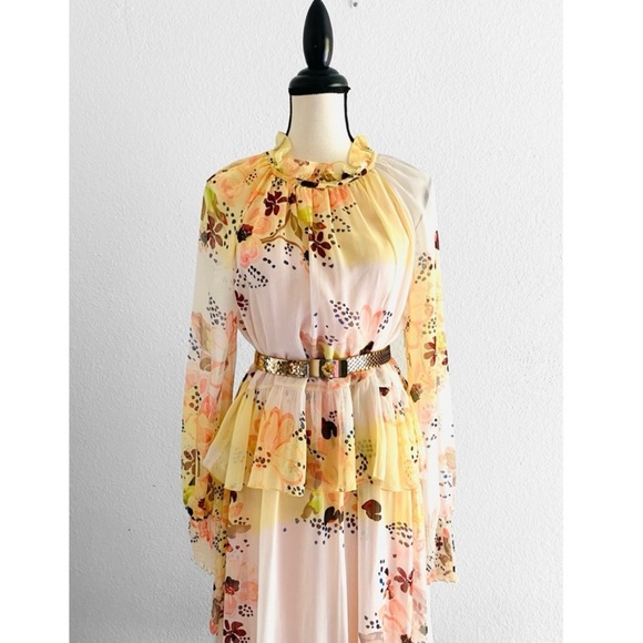 SEE BY CHLOE Tiered Floral-print Long Sleeve Georgette Yellow Dress Size 6/IT 38 - Picture 4 of 12